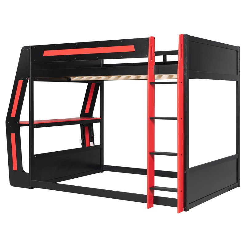 Lit superposé en bois avec bureau Adella, éclairage RVB et chargement USB, Rouge
