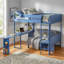 Lit mezzanine double en bois avec bureau, tablette de rangement de chevet, canapé et lumière, bleu marine