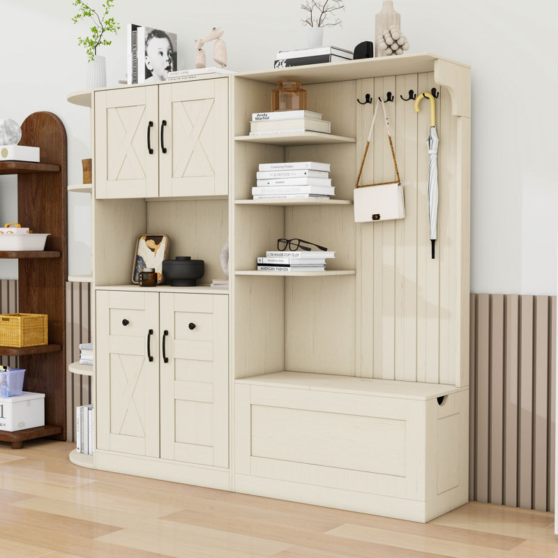 Armoire de vestibule multifonctionnelle avec rangement et crochets, combinaison 2 en 1 gauche-droite, Beige