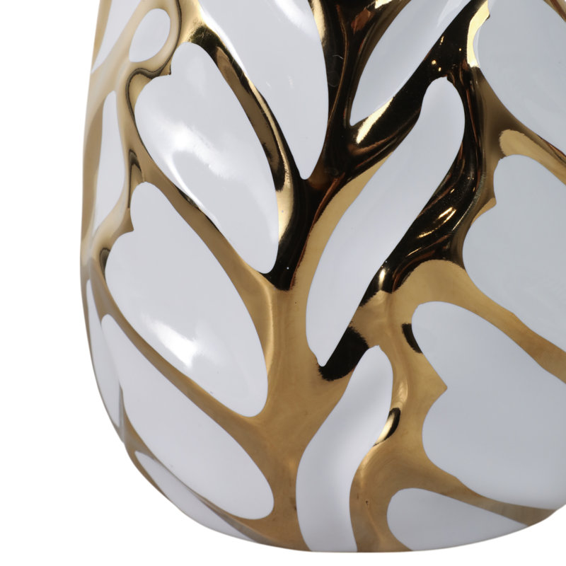 Addington Modern Stoneware Ceramic Vase with Textured Decorative Design, White/Gold