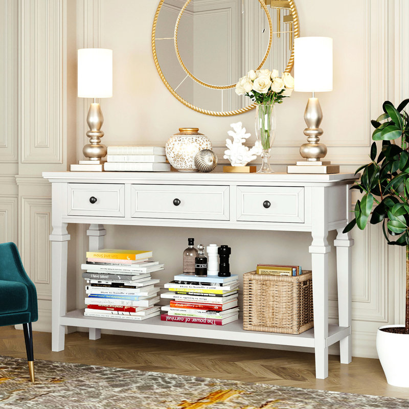 Console simple avec trois tiroirs et tablette inférieure - tiroirs blanc antique. Bois massif. Spacieux pour le rangement. Capacité de table de 220 lb, capacité de 66 17 tiroirs. 50 po de longueur x 15 po