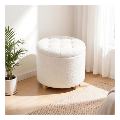 Round Button-Tufted Storage Ottoman with Lid, 17.7" White Upholstered Foot Stool
