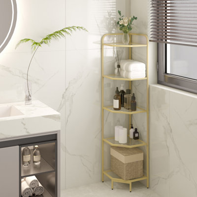 Corner Shelf Stand, 5-Tier Glass Bookshelf Bookcase, Bathroom Organizer, Plant Stand, Steel Frame, Tempered Glass, Modern Style for Living Room, Bathroom, Kitchen, Gold