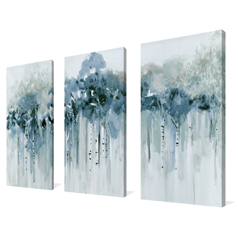 «Blue Birch Morning» - Reproduction d'art sur toile tendue à pièces multiples, H 32 po x l 48 po x P 0,75 po