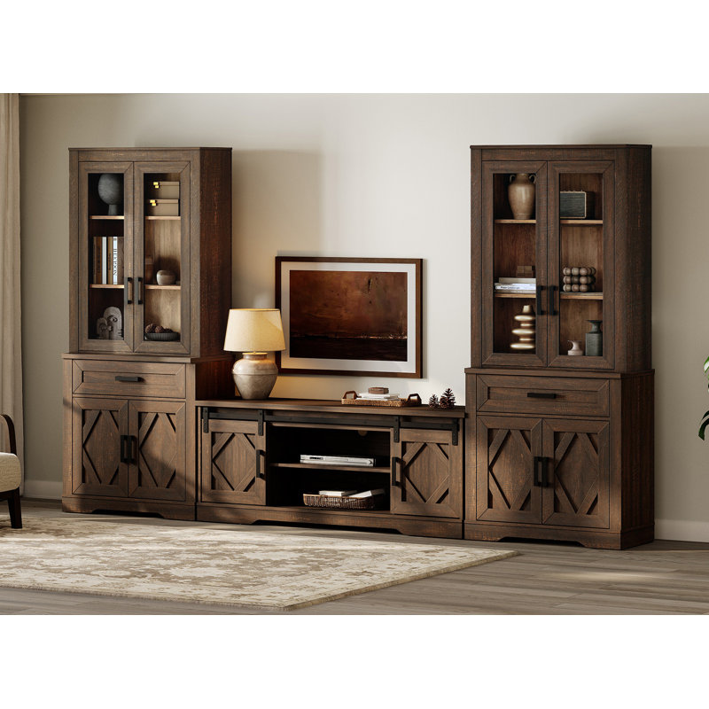 Laziza Farmhouse Entertainment Center With Bookshelf For Tvs Up To 75",Mid Century Modern TV Stand With 73"H Tall 5-Tier Bookcase With Open Storage And Barn Doors For Living Room,Bedroom,