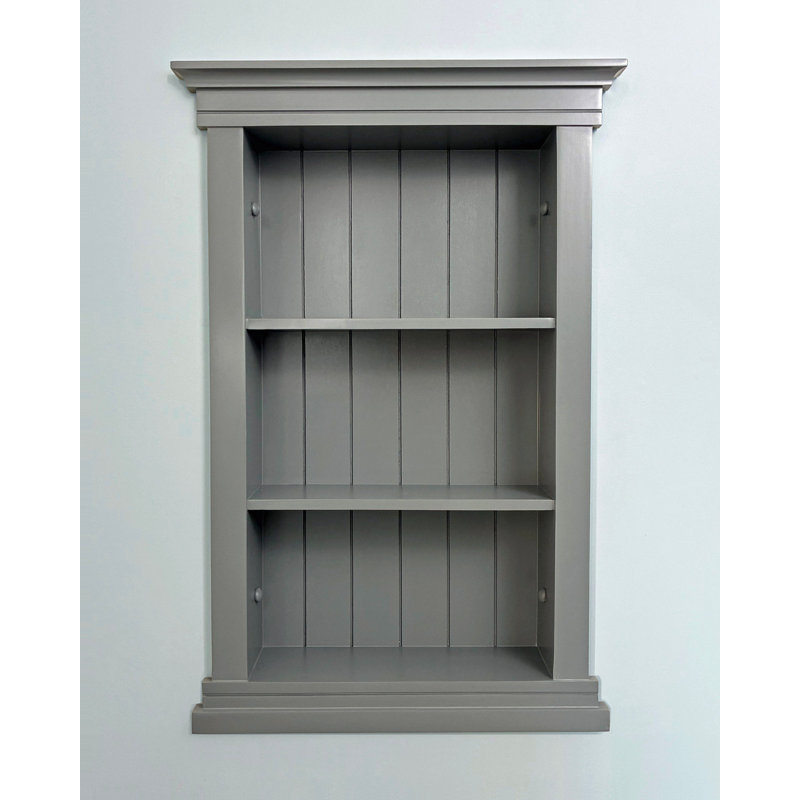 Fox Hollow Furnishings 14x24 Elliot Craftsman Recessed Wood Wall Niche Insert Shelf - NO MDF - Dark Gray Beadboard Back