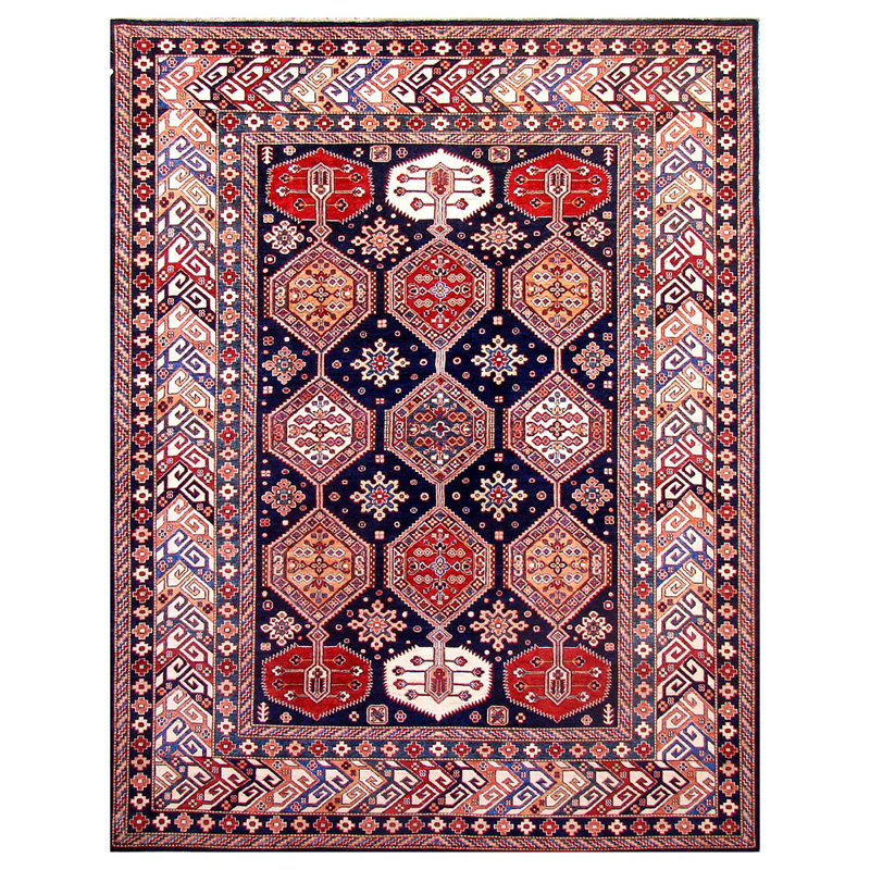 Tapis rouge / ivoire / bleu foncé / blanc de haute qualité noué à la main de conception unique