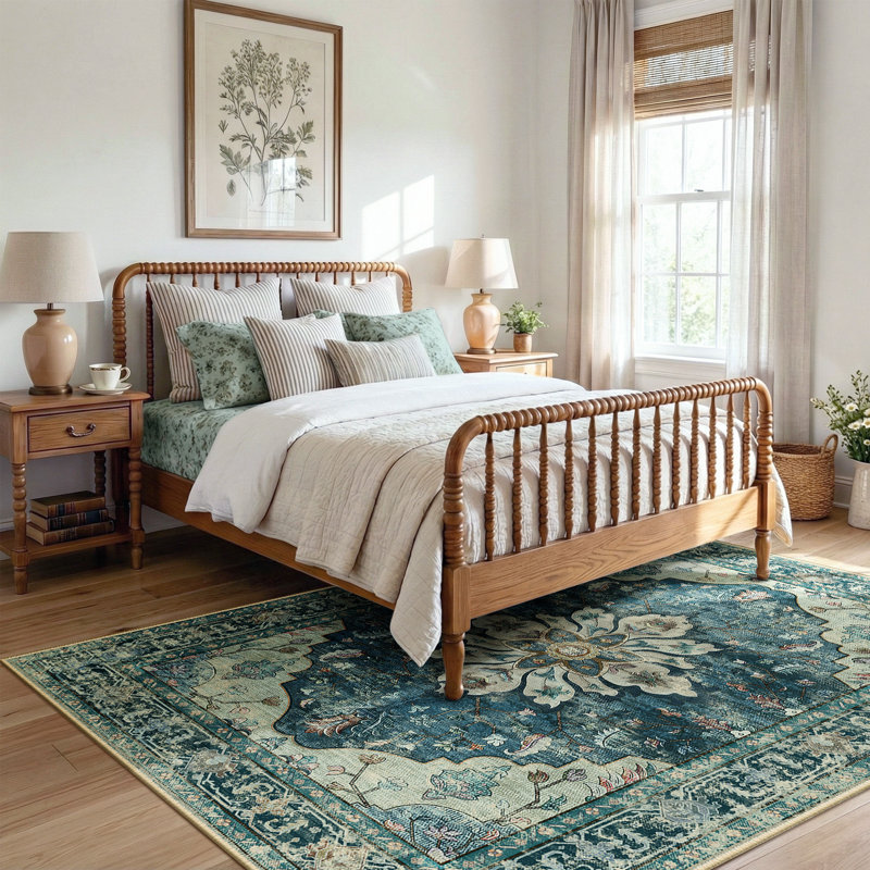 Sunflower Vintage Medallion Print Area Rug Non-Slip Machine Washable Low Pile for Living Room Bedroom, Vintage Dark Blue