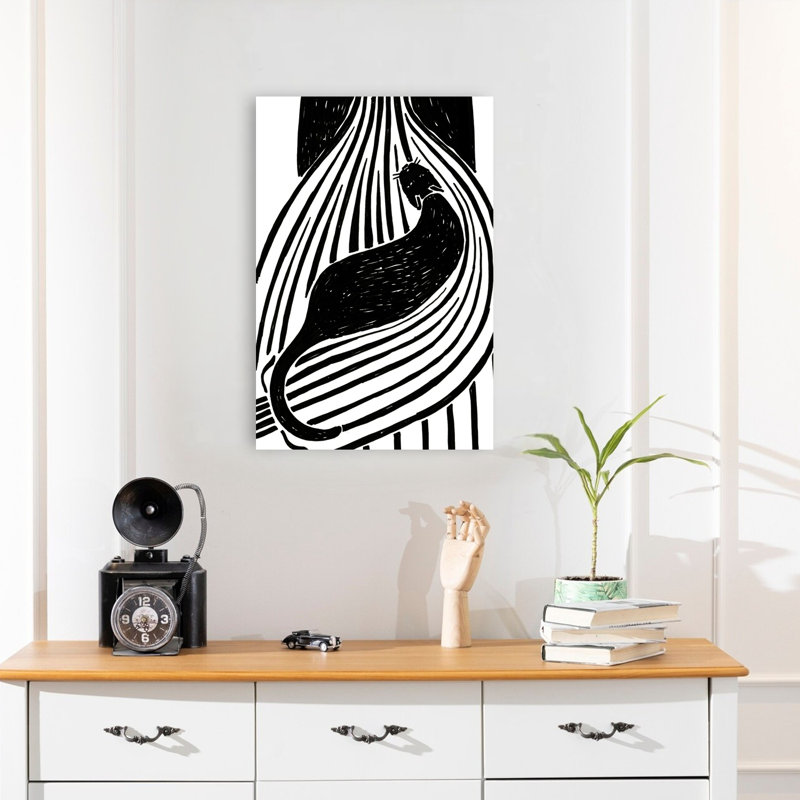 Black Cat Lines Abstract Modern Cat Wall Art Print 1 Piece Wrapped Canvas Wall Art, 60.96cm H x 40.64cm W