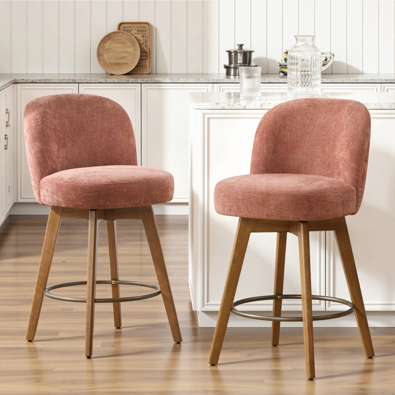 26" Swivel Upholstered Counter Stool With Solid Wood Frame And Mid Back, Sandy Pink/Chenille
