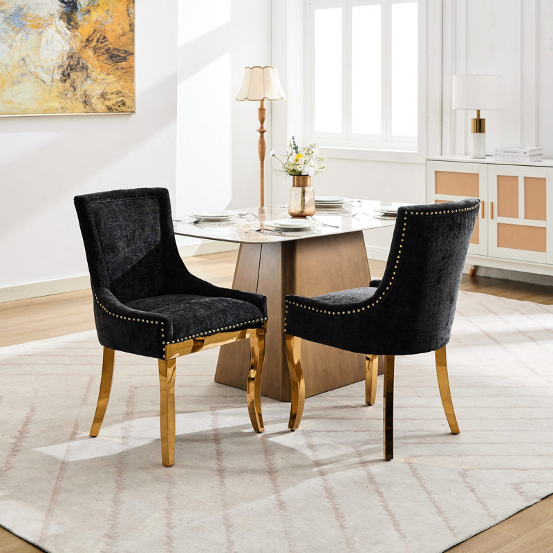 Chaises de salle à manger en chenille, style moderne avec pieds courbés et garniture de rivets, confort rembourré pour la salle à manger / salon, sièges d'appoint avec tissu texturé et structure une pièce, ensemble de 2