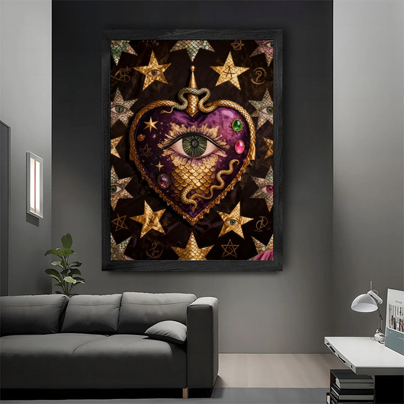 Art mural encadré noir "Mystical Heart & Eye" - décorations ornementales bohémiennes, H 11 po x l 9 po
