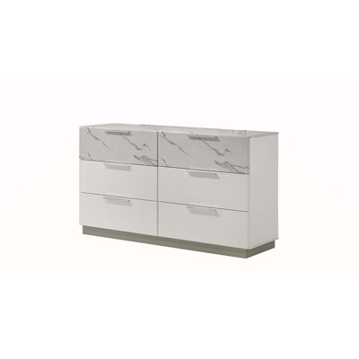 Mist Dresser White – Two-Tone High-Gloss Marble & Lacquer Finish with Six Spacious Drawers, Velvet-Lined Interiors (INCLUDES DRESSER ONLY)