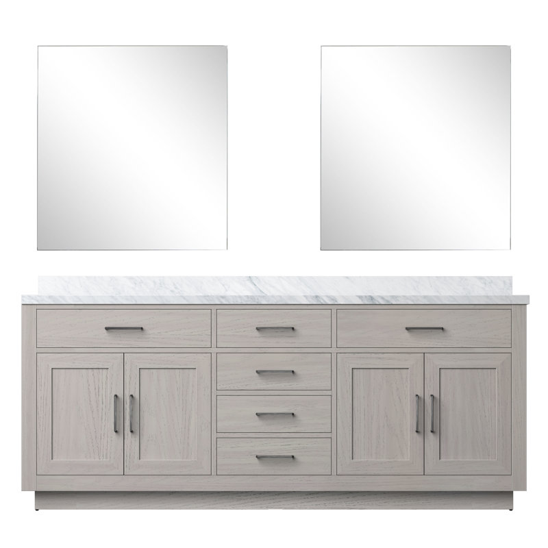 Meuble-lavabo double Shelter et miroirs 28 po, Chêne gris, 80", Marbre de Carrare blanc