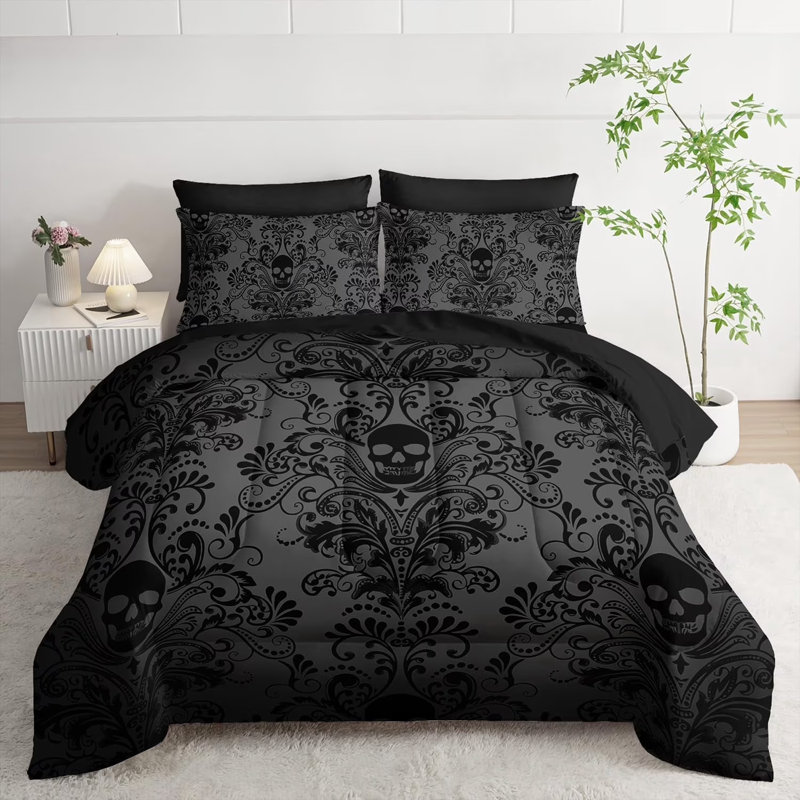 Skull Comforter Set King Size Black,3 Pieces Gothic Skull Damask Bedding Sets for Teens Men Bedroom Decor