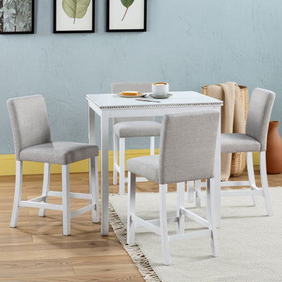 Wooden Counter Height Dining Table with Crystal Embellishments and Four Upholstered Chairs