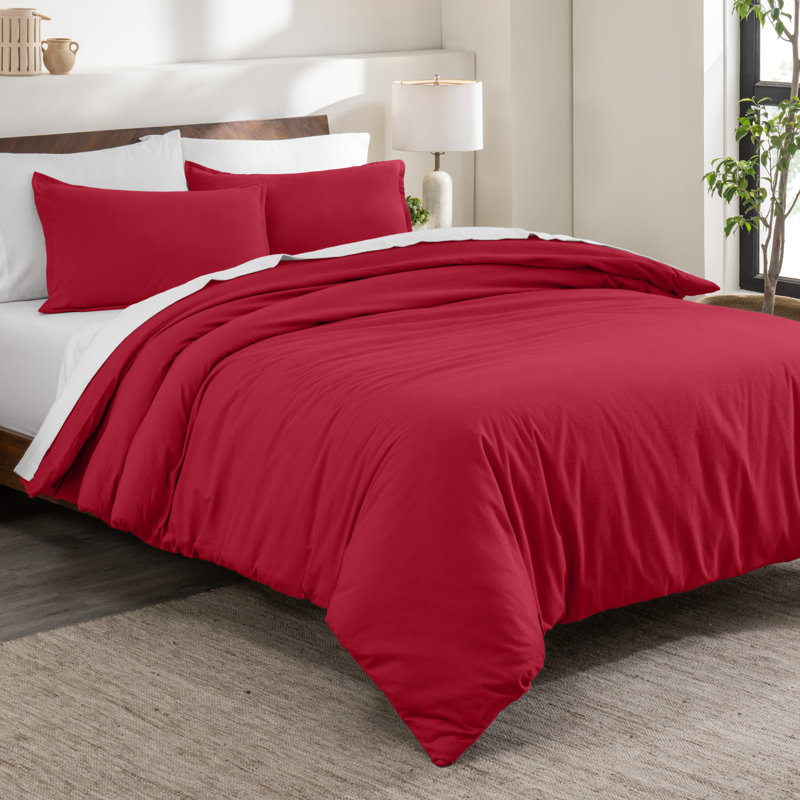 100% Cotton Flannel Duvet Cover Set, Queen Duvet Cover + 2 Standard Shams, Red