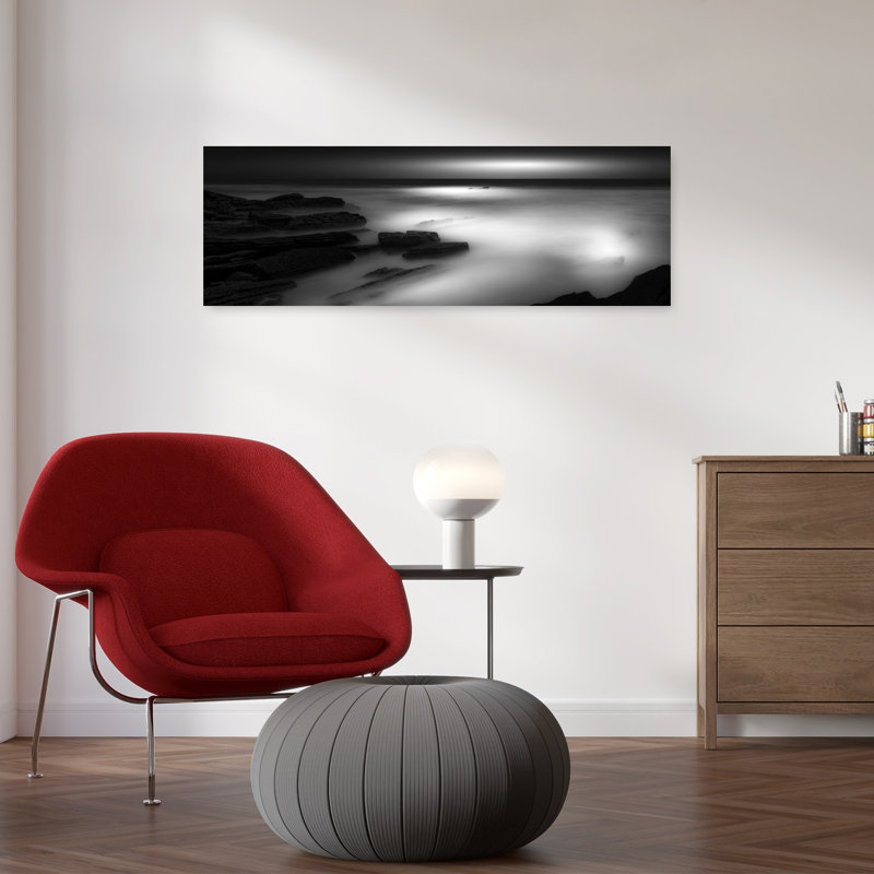 «Serene Misty Coast», art dramatique abstrait de paysage côtier de rêve, H 12 po x l 36 po