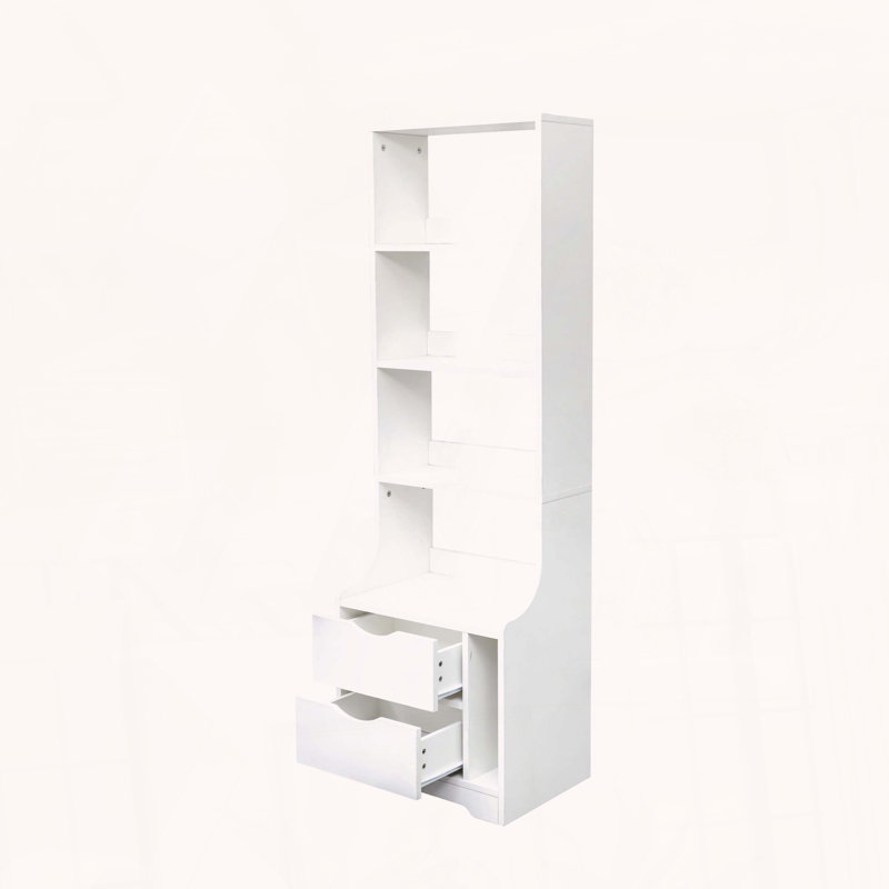 Grande table de chevet avec bibliothèque, 2 tiroirs et 4 tablettes ouvertes, Blanc