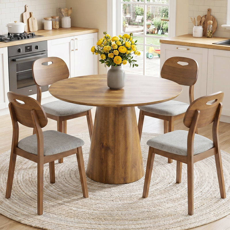 5-Piece Mid-Century Dining Set With 45" Round Pedestal Table And 4 Solid Wood Gray Fabric Chairs, 5 Pieces: Table, 4 Chairs