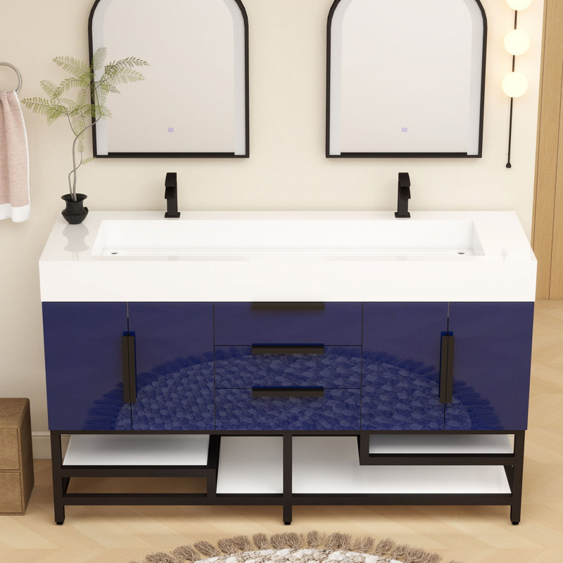 Meuble-lavabo sur pied simple 60 po Jessica, Bleu marine