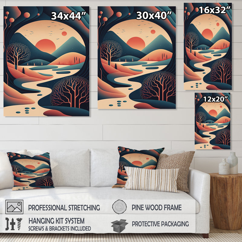 «Graphic Mountain Trees in Orange and Blue III», reproduction sur toile, H 40 po x l 30 po x P 1,5 po, Toile tendue