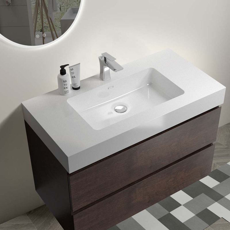 Meuble-lavabo mural simple 35,8 po avec lavabo, Blanc / noyer