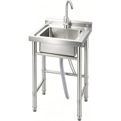 Évier utilitaire autoportant en acier inoxydable de 51 x 51 x 80 cm avec dosseret, une cuve, robinet eau chaude/eau froide, évier commercial pour buanderie, cuisine, garage et extérieur, sans tablette