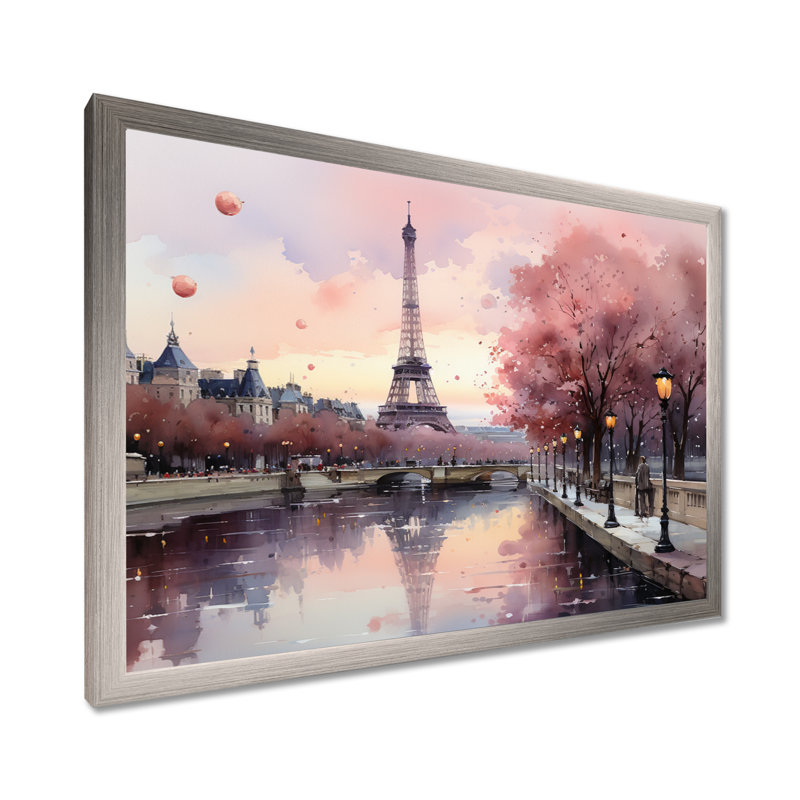 «Pink Twilight Rendezvous In Paris II», impressions sur toile de parcs d'attractions, Argent argent, H 30 po x l 40 po