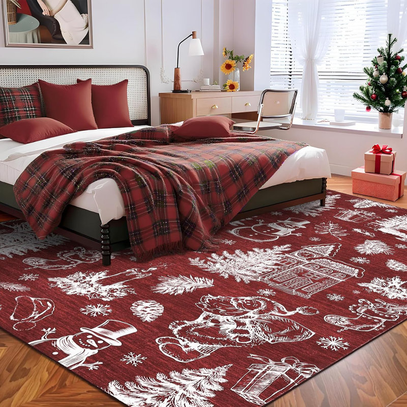 2x6 Christmas Runner Rug – Washable, Non-Slip, Low Pile, Soft Xmas Printed Carpet for Hallway, Bedside (Red)