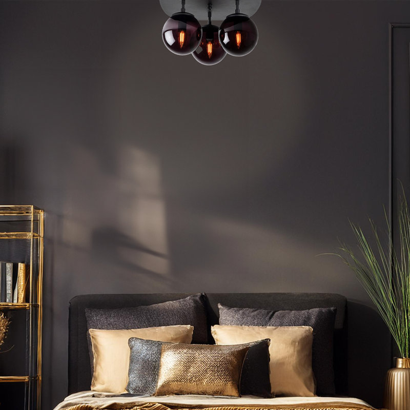 3 Lights Metal Body Globe Semi Flush Mount With Glass Cap, Black
