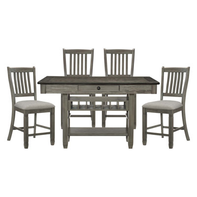 Dining Furniture Counter Height Table w Drawers Wine Rack Shelf and 4x Counter Height Chairs 5pc Dining Set Classic Style