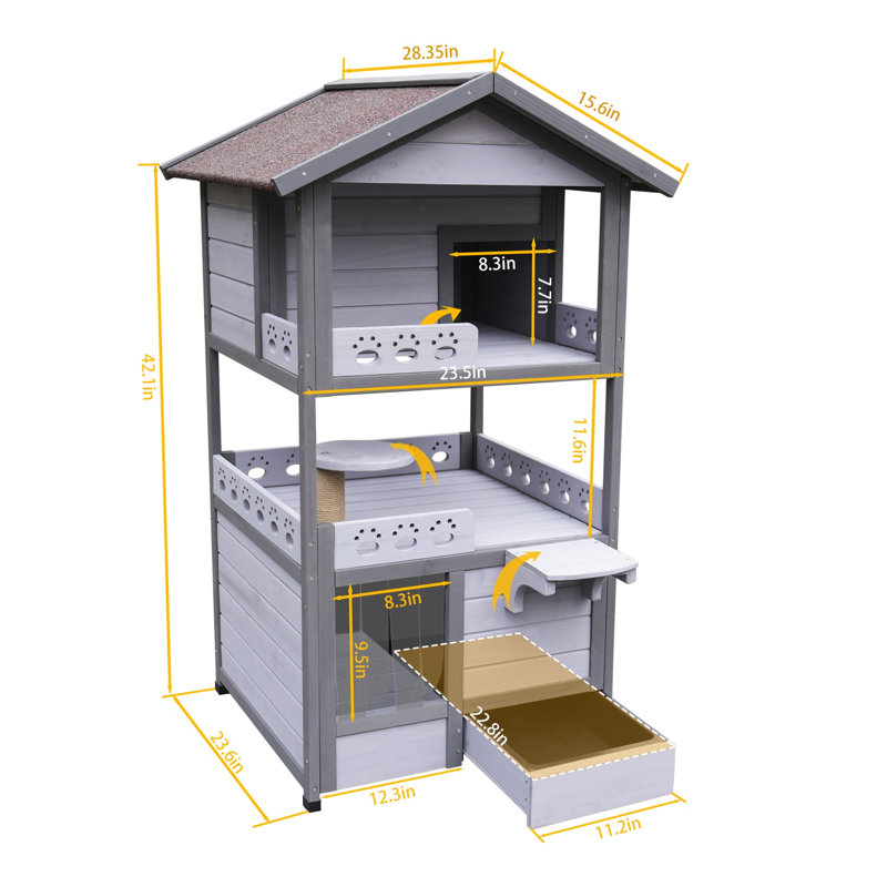 Maison pour chat à trois étages avec balcon et portes de secours, bois massif gris