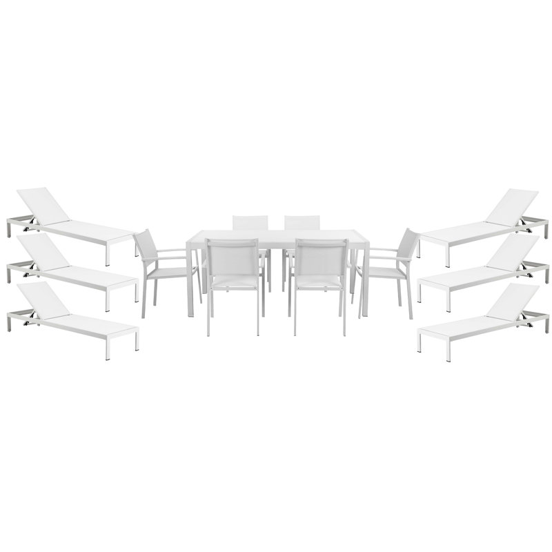 Aynura 13-Piece Outdoor Dining & Lounge Set – White Powder-Coated Aluminum Patio Furniture with 71" Dining Table, Stackable Chairs & 6 Reclining Loungers