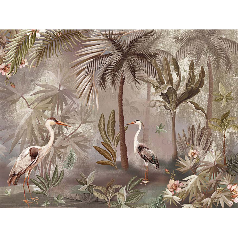 Papier peint Serene Tropical Oasis Herons And Palm Trees, L 117,96 po x l 131 po, Brun