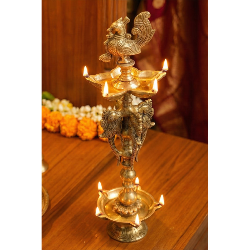 Lampe à huile rituelle à deux couches 16 "en laiton | Diya traditionnelle à plusieurs niveaux pour salle de Puja, autel du Temple et décoration de la cérémonie indoue | Fabriquée à la main en Inde