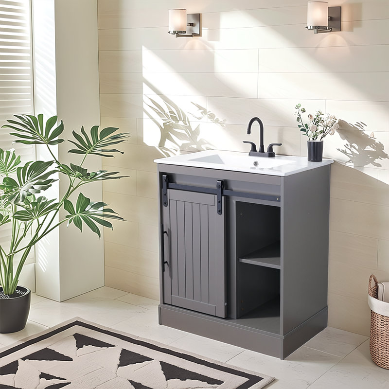 Meuble-lavabo simple 30 po avec lavabo en céramique style campagnard, Gris