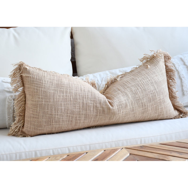 India Chic Fringe Cotton Pillow Cover,  Light Brown, 12" x 28"