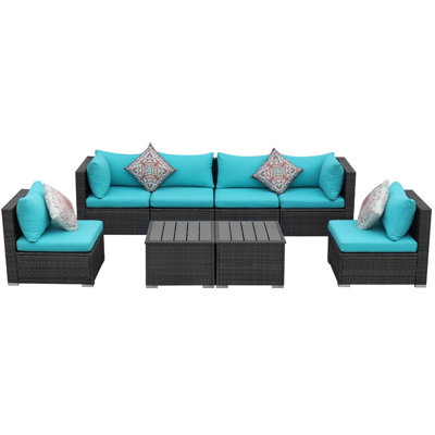 Ensemble de conversation modulaire en osier 8 pièces avec coussins et deux tables 8 pièces
