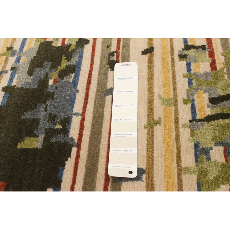 Tapis décoratif en laine de conception unique 8 pi 1 po x 10 pi noué à la main New Age Ivoire/gris/vert