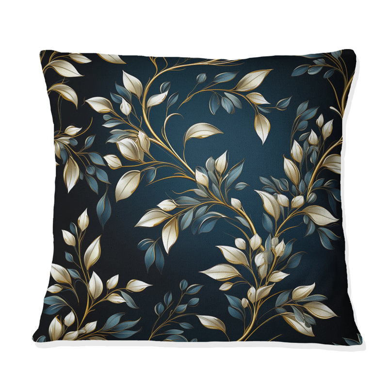 Coussin décoratif à imprimé floral doré et bleu Royal Botanical Vines, H 16 po x l 16 po
