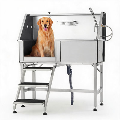 Station de lavage pour chien en acier inoxydable de 46 pouces - Baignoire de toilettage pour animaux robuste avec escalier d'accès - Station de bain canine professionnelle avec porte gauche, bras de toilettage et pomme de douche