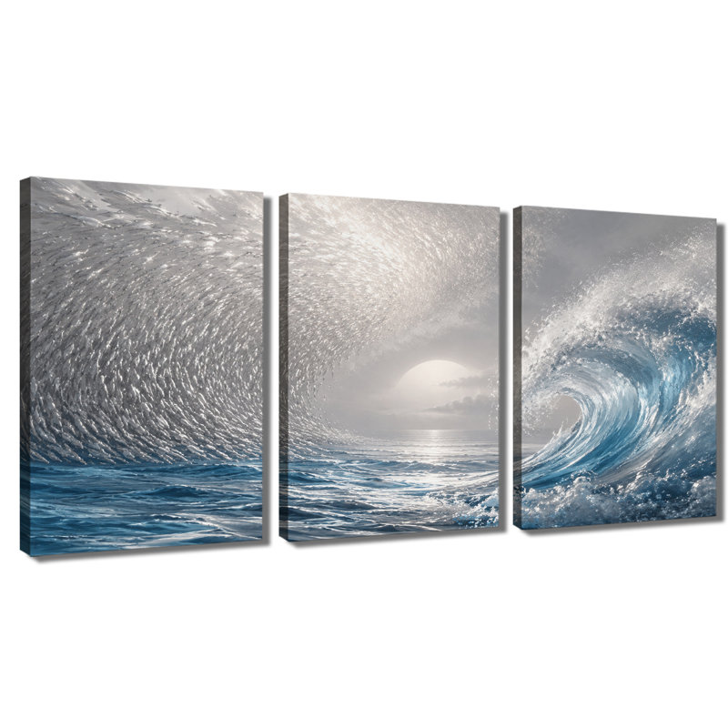 3 panneaux muraux océan, vague de poisson, essaim, paysage marin, impression sur toile tendue pour le salon