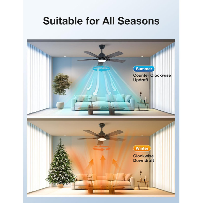 52 Inch Indoor Ceiling Fans With Lights And Remote Control, 6 Speeds Slient Reversible DC Motor, 3 Color Dimmable LED Light, Timer, 5 Blades
