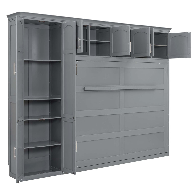 Grand lit escamotable mural avec armoires, Gris