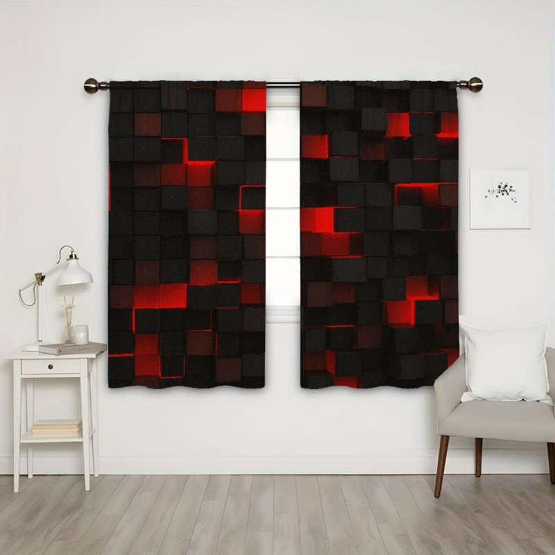 2Pcs Abstract Cube Pattern Black Red Curtains, Rod Pocket Light Filtering, Modern Style, All-Season For Living Room Bedroom Home Decor
