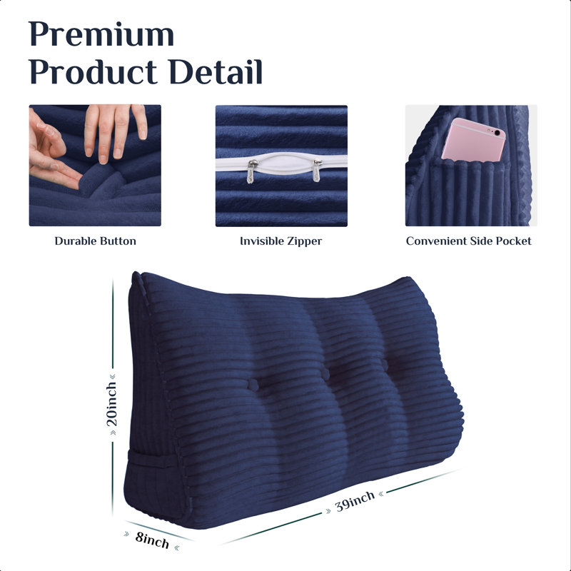 Sit-up Back Comfort Corduroy Bed Headboard Wedge Reading Pillow Triangular Backrest Compression, Twin, Black