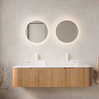 Meuble-lavabo flottant mural de 60 po avec lavabos, bords arrondis, 2 tiroirs et 2 lavabos en verre transparent, pré-assemblé, grain de bois naturel