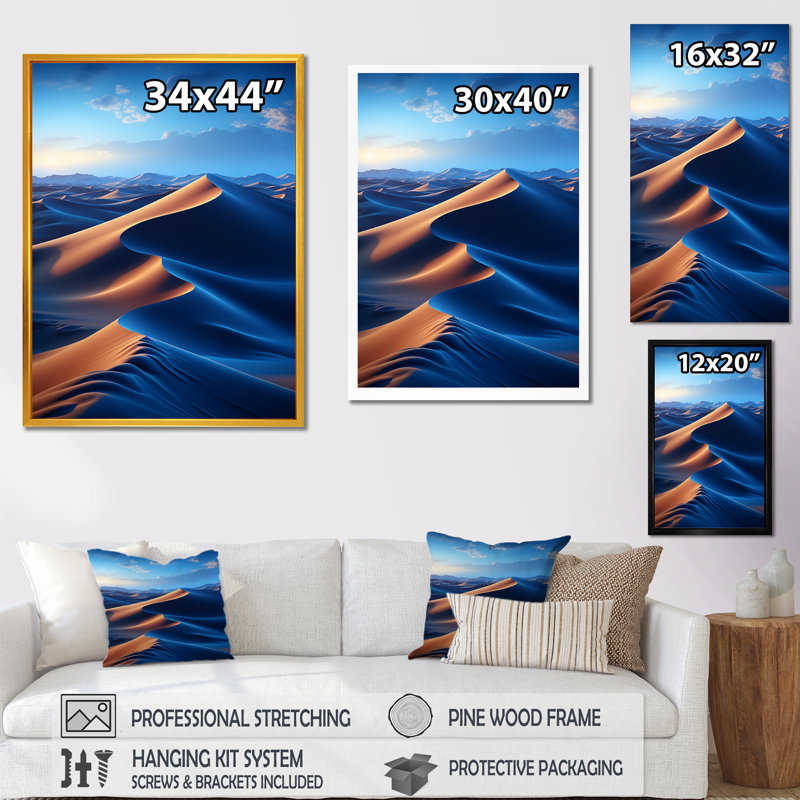 «Blue Nocturnal Desert Dunes II» - art mural désert, Toile tendue, H 20 po x l 12 po x P 1 po