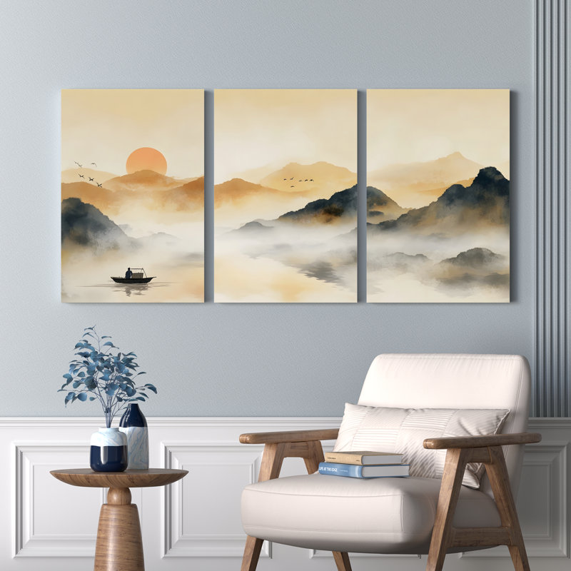 Tableau sur toile tendue représentant un paysage de montagne et de coucher de soleil, style zen (lot de 3), H 24 po x l 48 po